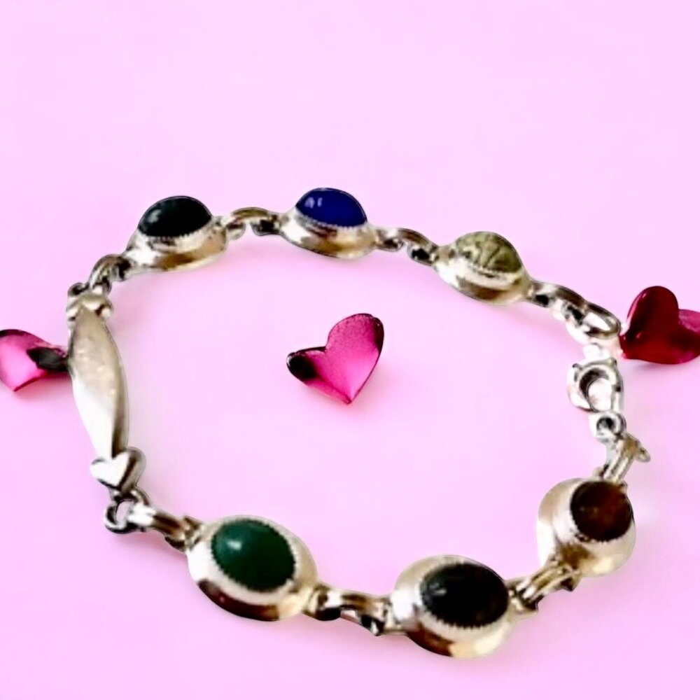 VTG FOSTER Sterling Silver Multi Gemstone Scarab Carved Beetle Link Bracelet 6.5